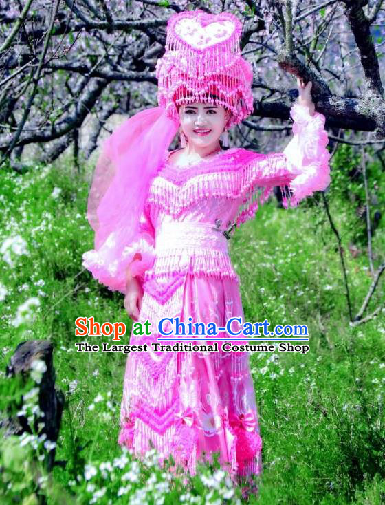 China Mengzi Minority Bride Costumes and Headdress Miao Nationality Wedding Dress Traditional Ethnic Stage Performance Apparels