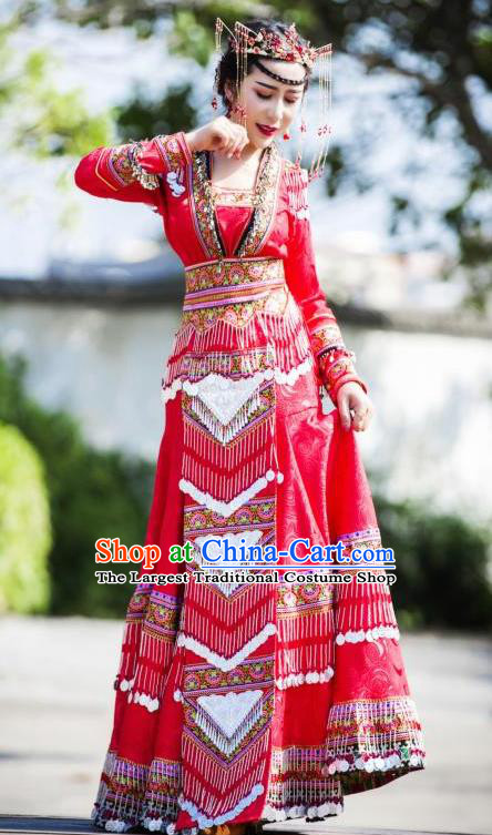 China Guizhou Nationality Traditional Red Long Dress Miao Minority Bride Costumes Ethnic Wedding Apparels and Hair Accessories