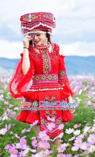 Yunnan Ethnic Women Apparels Minority Wedding Costumes China Yunnan Nationality Red Short Dress and Hat