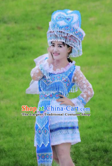 Wenshan Yao Ethnic Women Apparels Minority Folk Dance Costumes China Yunnan Nationality Blue Short Dress and Hat