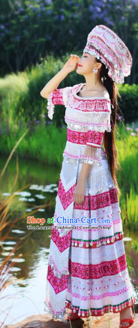 Traditional China Miao Ethnic Wedding Apparels Nationality Folk Dance Costumes Minority Stage Performance Long Dress and Hat