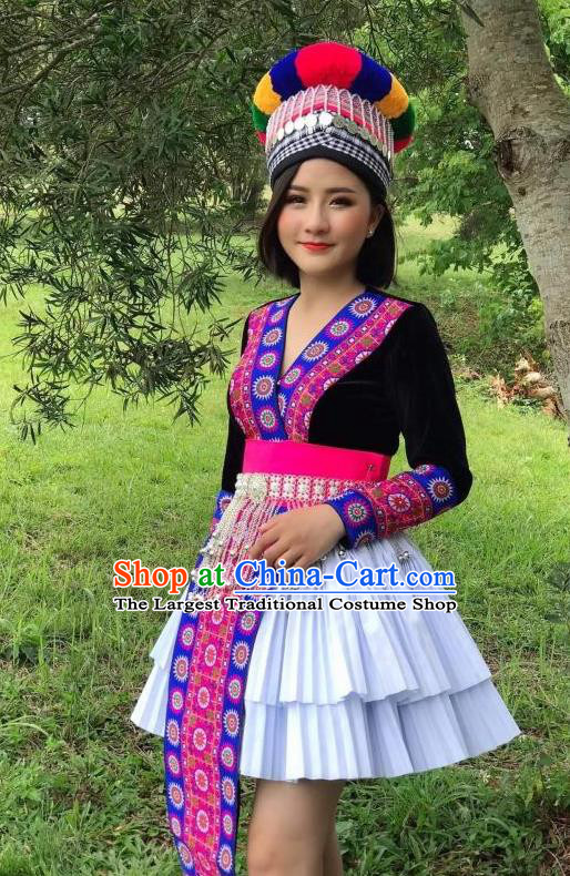 China Yi Minority Black Velvet Blouse and Skirt Nationality Stage Performance Costumes Ethnic Women Dance Clothing with Hat