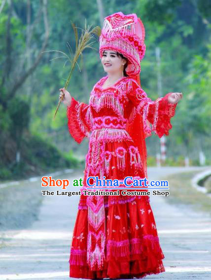 Fashion Miao Minority Wedding Costumes China Ethnic Folk Dance Clothing Travel Photography Bride Red Blouse and Long Skirt with Hat