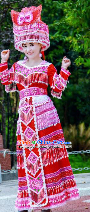 China Traditional Yi Nationality Costumes Minority Folk Dance Dress Miao Ethnic Bride Red Clothing and Headpiece