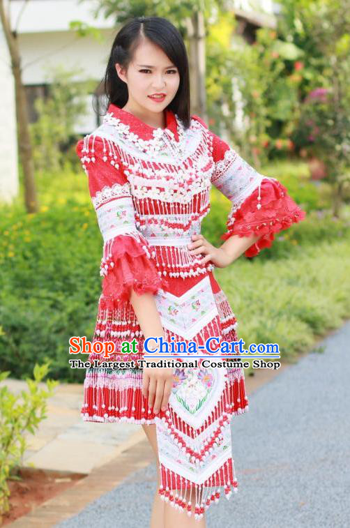 China Traditional Miao Minority Costumes Yunnan Tourist Attraction Stage Performance Clothing Ethnic Nationality Red Dress and Hat