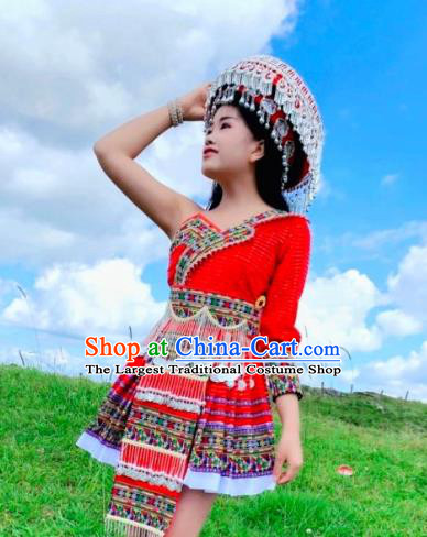 China Tourist Attraction Stage Show Red Short Dress Photography Clothing Traditional Miao Minority Women Costumes and Headwear