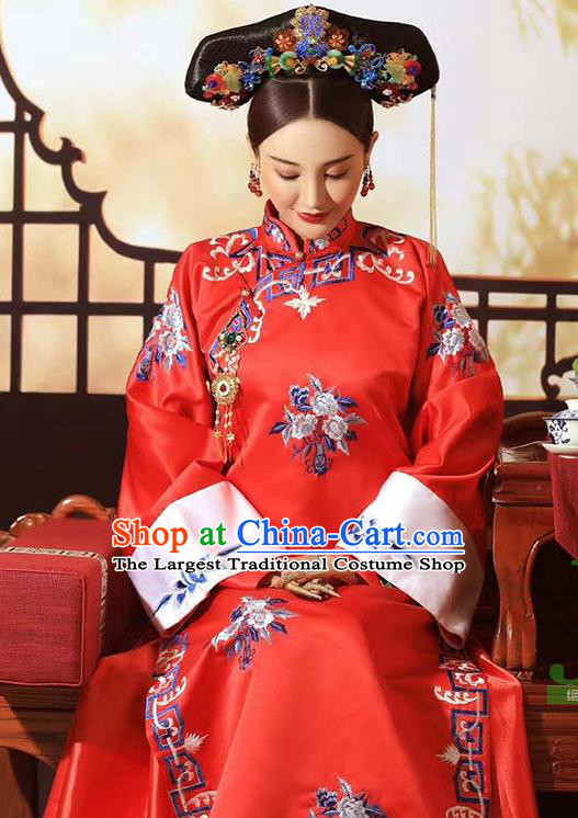 Chinese Qing Dynasty Empress Xiaozhuang Costumes Ancient Manchu Palace Queen Red Dress Clothing and Headdress Full Set