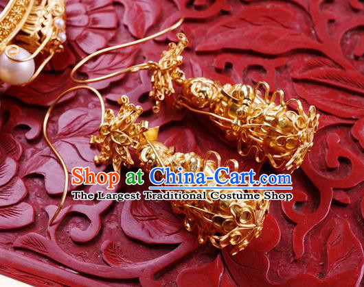 Top Grade Chinese Qing Dynasty Golden Earrings Traditional Handmade Ear Jewelry Ancient Empress Accessories