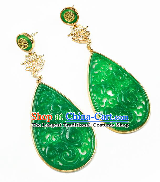 Top Grade Chinese Handmade Golden Palace Ear Jewelry Traditional Accessories Classical Cheongsam Jade Earrings