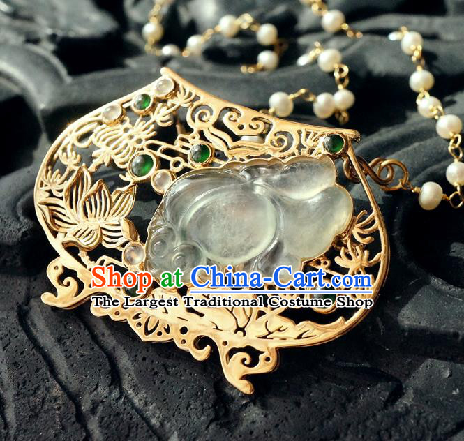 China Classical Qing Dynasty Golden Lotus Brooch Traditional Handmade Court Jade Breastpin