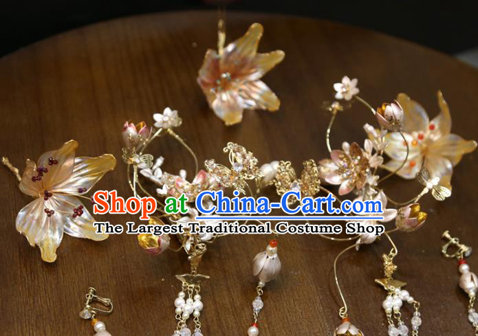 Chinese Classical Tassel Step Shake Hair Accessories Traditional Wedding Champagne Flowers Hairpins Full Set