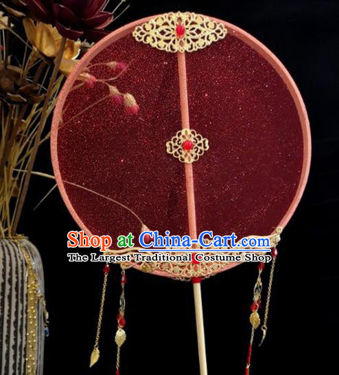 Chinese Traditional Red Silk Palace Fan Wedding Accessories Handmade Tassel Round Fans