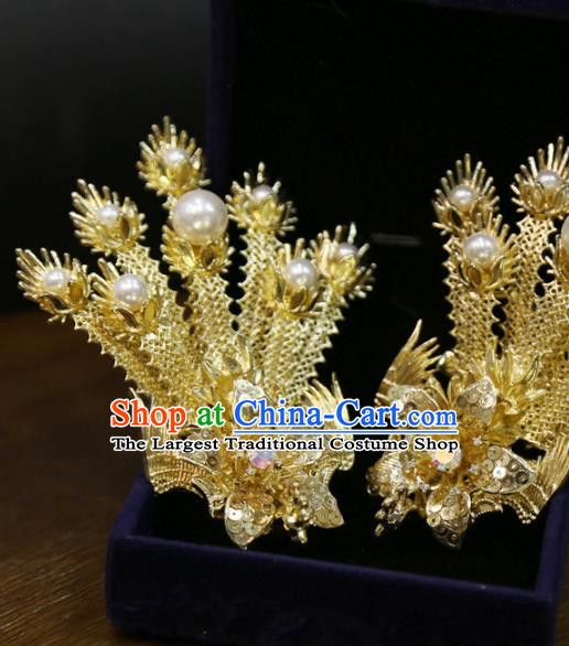 Chinese Classical Golden Phoenix Hair Sticks Hair Accessories Traditional Wedding Hairpins