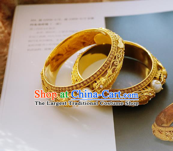 Chinese Traditional Carving Dragon Bangle Accessories Handmade Qing Dynasty Court Golden Bracelet Jewelry