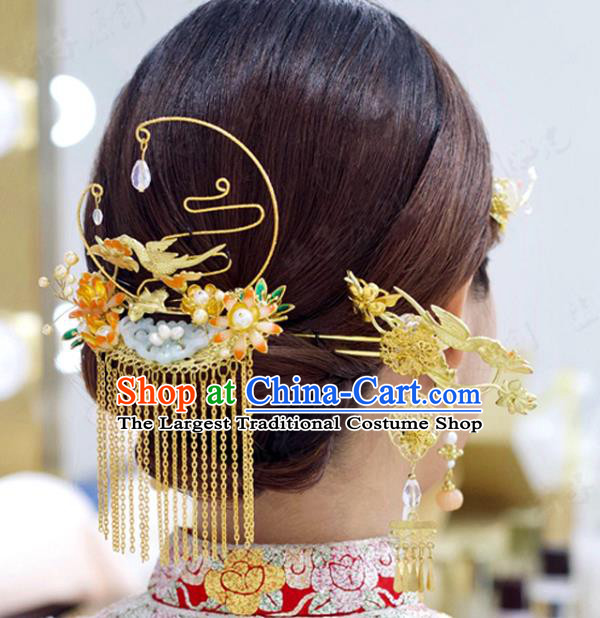 Chinese Wedding Golden Tassel Jade Hair Crown Classical Hair Accessories Traditional Xiuhe Suit Hairpins Full Set