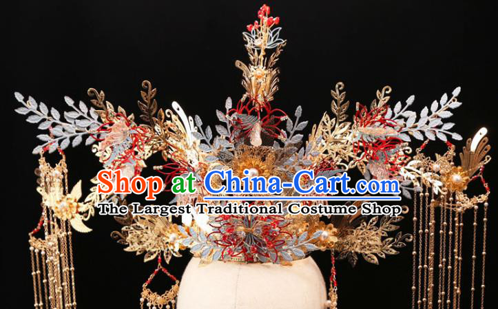 Chinese Wedding Golden Tassel Phoenix Coronet Traditional Xiuhe Suit Hair Crown Bride Hair Accessories Full Set