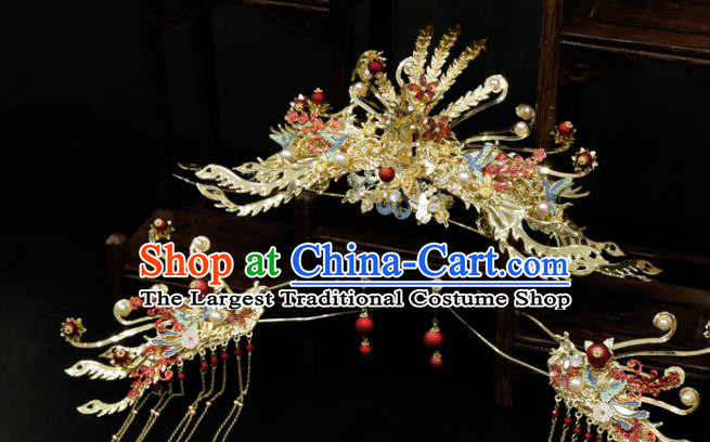 Chinese Wedding Golden Phoenix Hair Crown Traditional Xiuhe Suit Hair Accessories Bride Tassel Hairpins Full Set