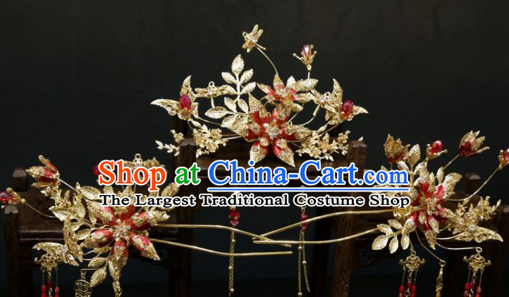 Chinese Xiuhe Suit Classical Hair Accessories Traditional Wedding Golden Hair Comb and Tassel Hairpins