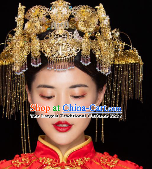 Chinese Traditional Wedding Hair Crown Bride Hair Accessories Xiuhe Suit Golden Phoenix Coronet Complete Set