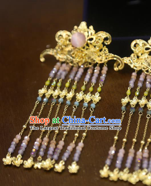 Chinese Xiuhe Suit Beads Tassel Hairpins Traditional Golden Hair Sticks Classical Wedding Hair Accessories