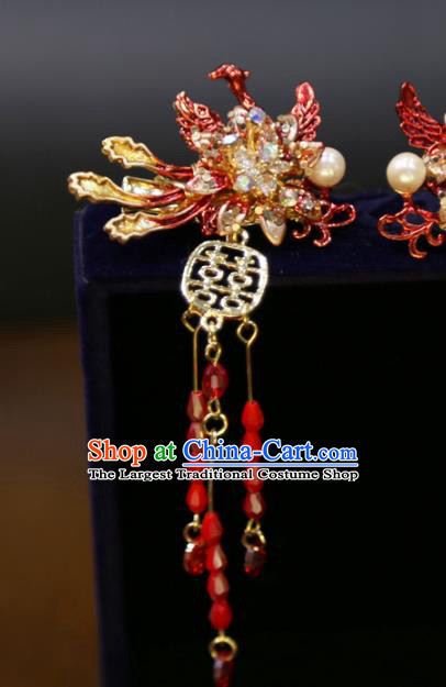 Chinese Wedding Xiuhe Suit Red Beads Tassel Hairpins Traditional Classical Hair Accessories Phoenix Hair Sticks