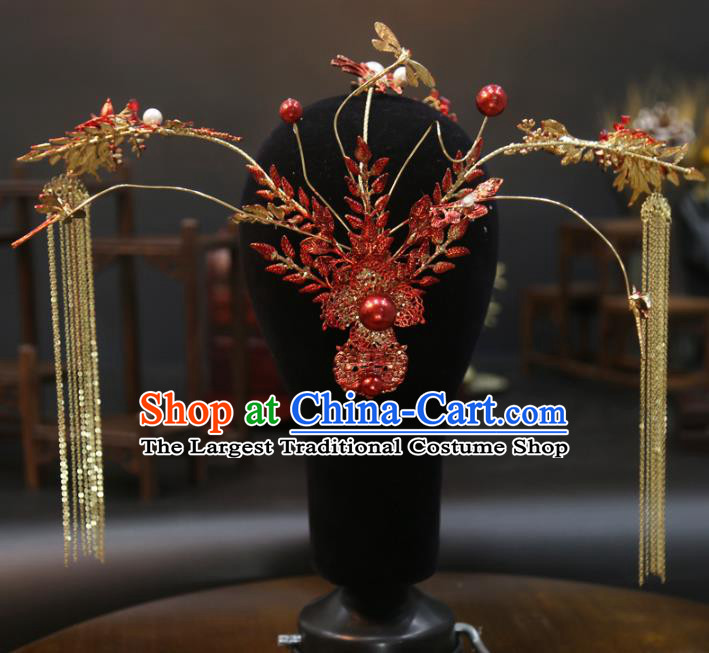 China Handmade Golden Tassel Hair Crown Wedding Hair Jewelry Accessories Traditional Bride Red Phoenix Coronet