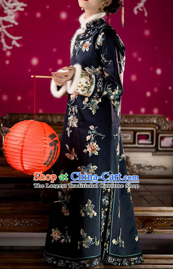 Chinese Traditional Qing Dynasty Costumes Ancient Noble Lady Clothing Winter Embroidered Navy Silk Qipao Dress