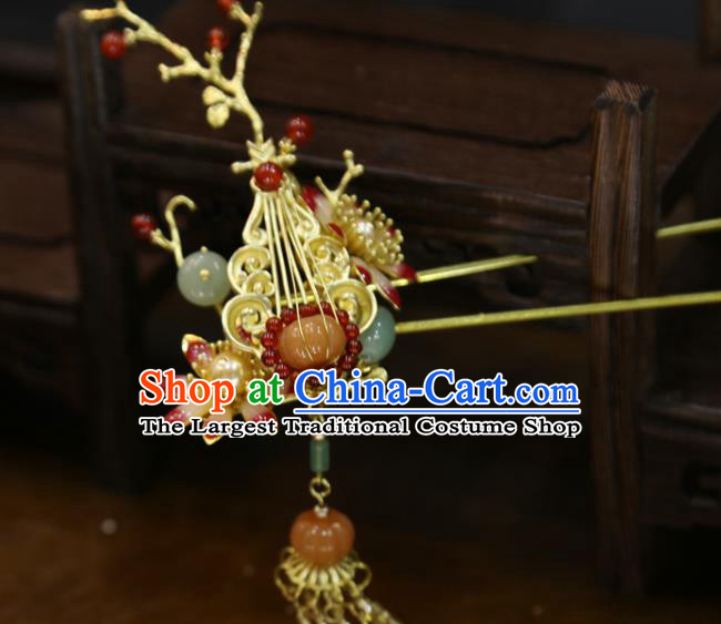 Chinese Wedding Jade Pumpkin Hairpins Traditional Classical Hair Accessories Xiuhe Suit Golden Lute Hair Stick