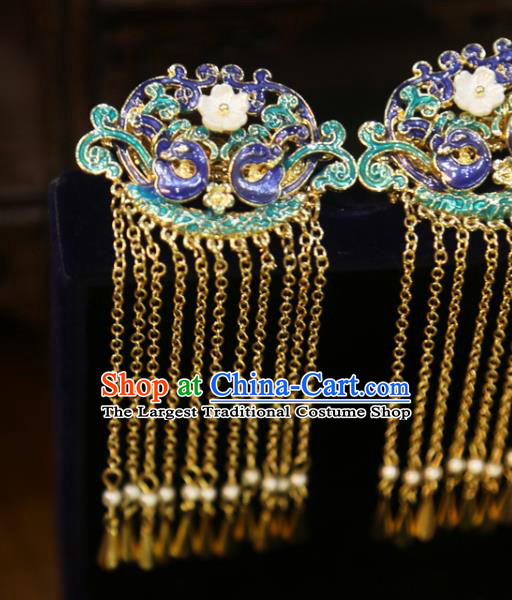 Chinese Xiuhe Suit Blueing Phoenix Hairpins Classical Hair Accessories Traditional Wedding Golden Tassel Hair Claws