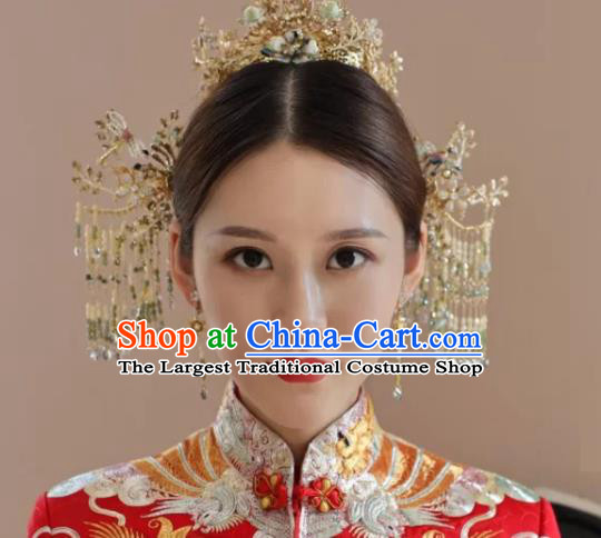 Chinese Xiuhe Suit Headpieces Traditional Wedding Hair Accessories Classical Hair Crown and Tassel Hairpins Full Set