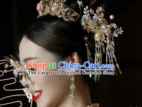 Chinese Xiuhe Suit Hair Crown and Tassel Hairpins Traditional Wedding Hair Accessories Full Set