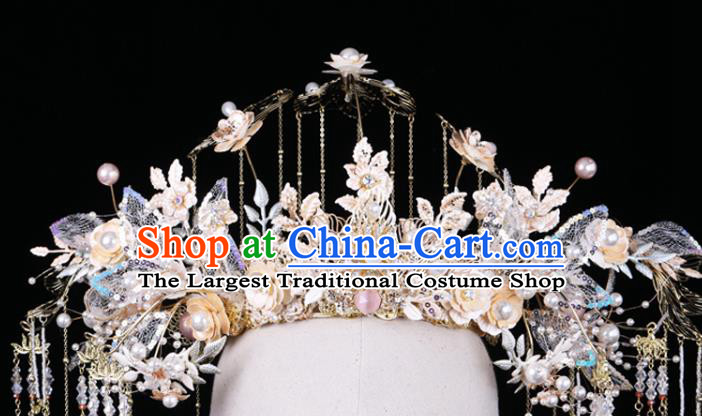 Chinese Traditional Phoenix Coronet Wedding Hair Accessories Xiuhe Suit Lace Flowers Hair Crown Full Set