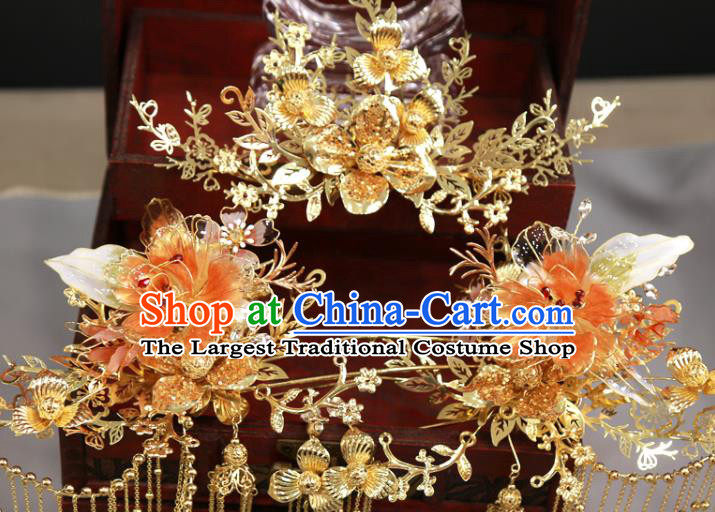 Chinese Traditional Wedding Hair Accessories Xiuhe Suit Golden Flowers Hair Comb Hairpins Full Set