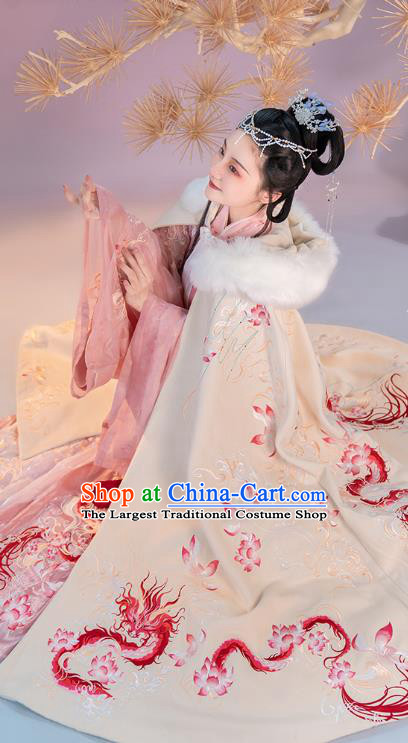 China Ancient Princess Embroidered Lotus Dragon White Cloak Traditional Jin Dynasty Palace Woman Hanfu Clothing