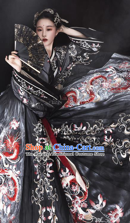 Ancient China Jin Dynasty Imperial Concubine Hanfu Dress Traditional Embroidered Black Clothing Full Set