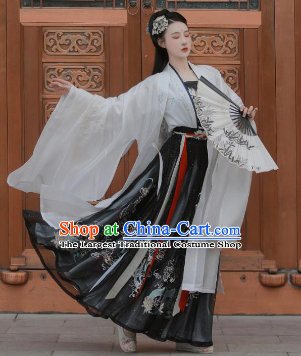 Traditional China Tang Dynasty Court Lady Clothing Ancient Embroidered Hanfu Dress White Cloak Blouse and Skirt Full Set