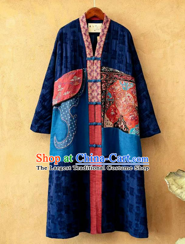 China National Women Dust Coat Traditional Embroidered Costume Tang Suit Navy Flax Overcoat