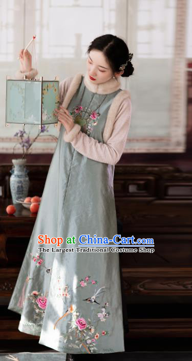 Chinese Women Traditional Tang Suit Embroidered Light Green Long Vest National Clothing Cotton Padded Waistcoat