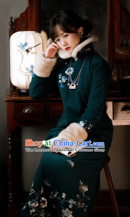 Chinese Winter Deep Green Cheongsam Traditional Women Costume Classical Embroidered Qipao Dress