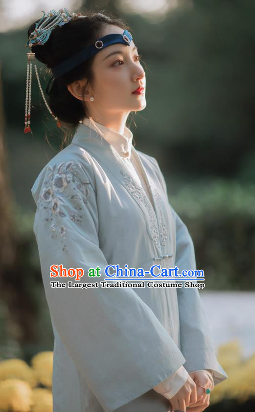 Traditional Chinese Qing Dynasty Noble Lady Blue Cloak Embroidered Dust Coat for Women