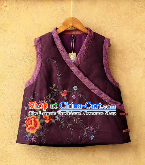 China Women Winter Purple Cotton Padded Vest Traditional Tang Suit Upper Outer Garment Clothing National Embroidered Waistcoat