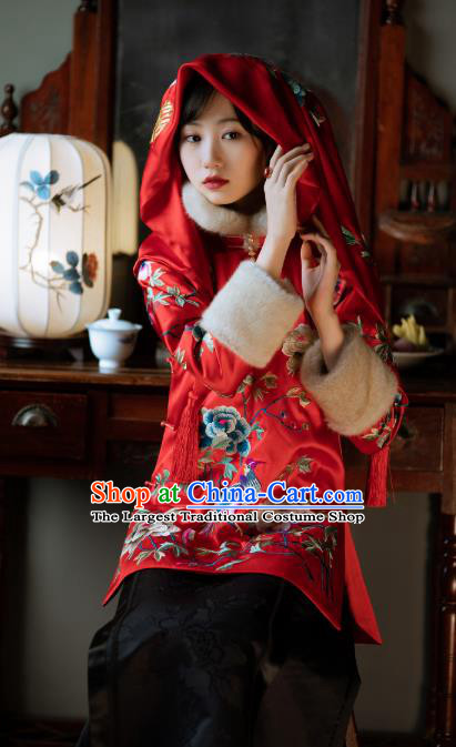 Chinese Traditional Wedding Red Silk Cotton Padded Coat Tang Suit Embroidered Jacket for Women