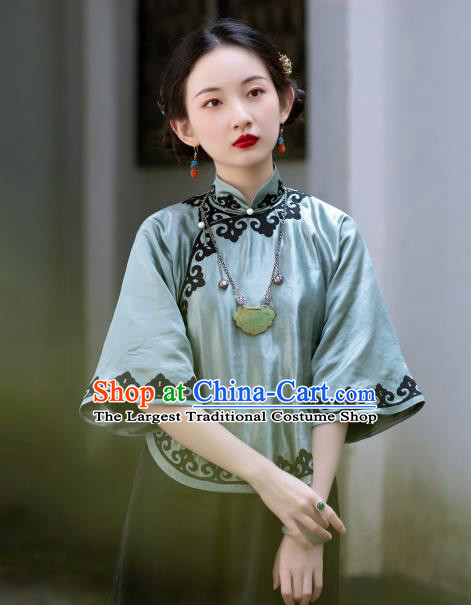 Chinese Traditional Green Silk Shirt Tang Suit Upper Outer Garment Embroidered Blouse for Women