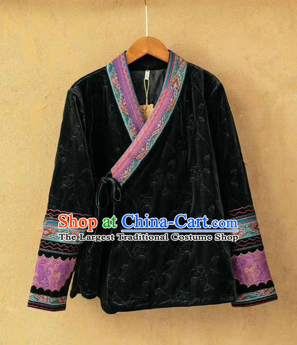 China National Black Velvet Cotton Padded Jacket Traditional Winter Costume Women Tang Suit Embroidered Over Coat