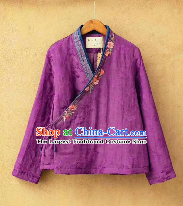 China Traditional Embroidered Winter Costume National Purple Flax Cotton Padded Jacket Women Tang Suit Over Coat