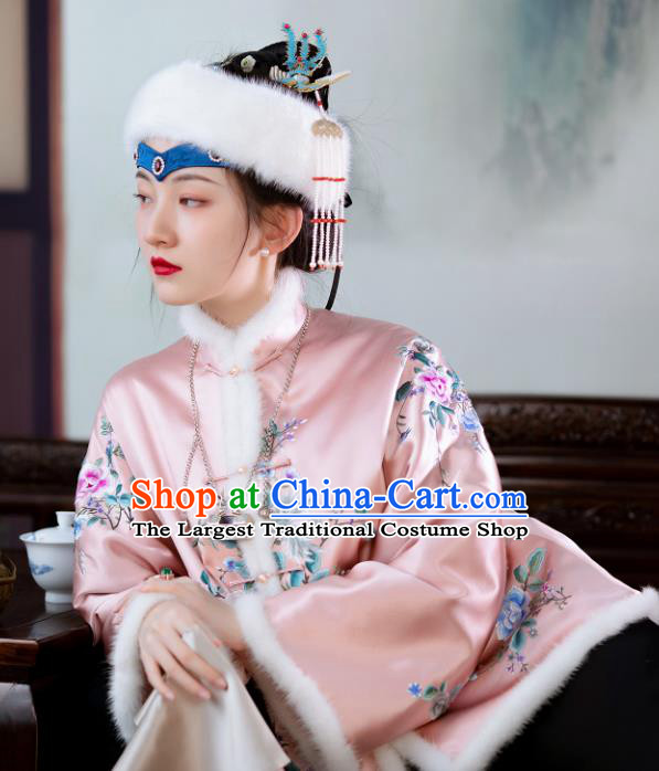 Chinese Qing Dynasty Noble Lady Pink Cotton Padded Jacket Traditional Embroidered Silk Coat for Women