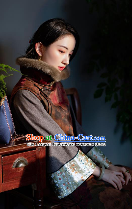 Chinese Traditional Women Costume National Cheongsam Republic of China Classical Peony Pattern Brown Silk Qipao Dress