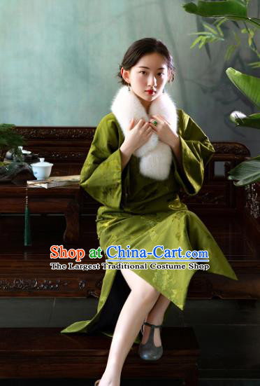 Republic of China Traditional Costume Classical Green Satin Qipao Dress National Women Cheongsam