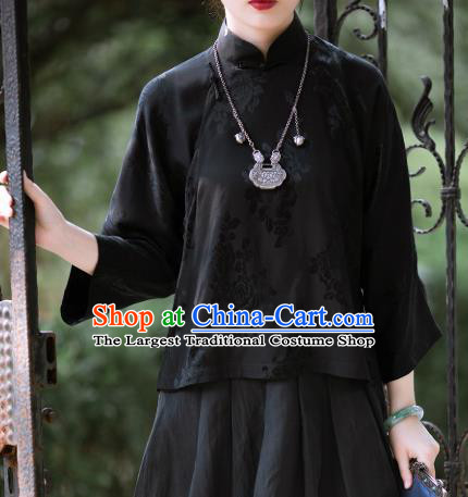 Chinese Traditional Black Silk Blouse Tang Suit Upper Outer Garment National Shirt for Women