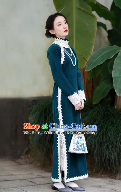 Chinese Classical Deep Blue Corduroy Qipao Dress Republic of China Traditional Women Costume National Cheongsam